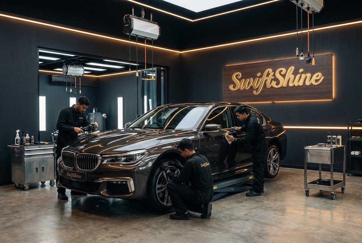 SwiftShine professional car detailing team at work